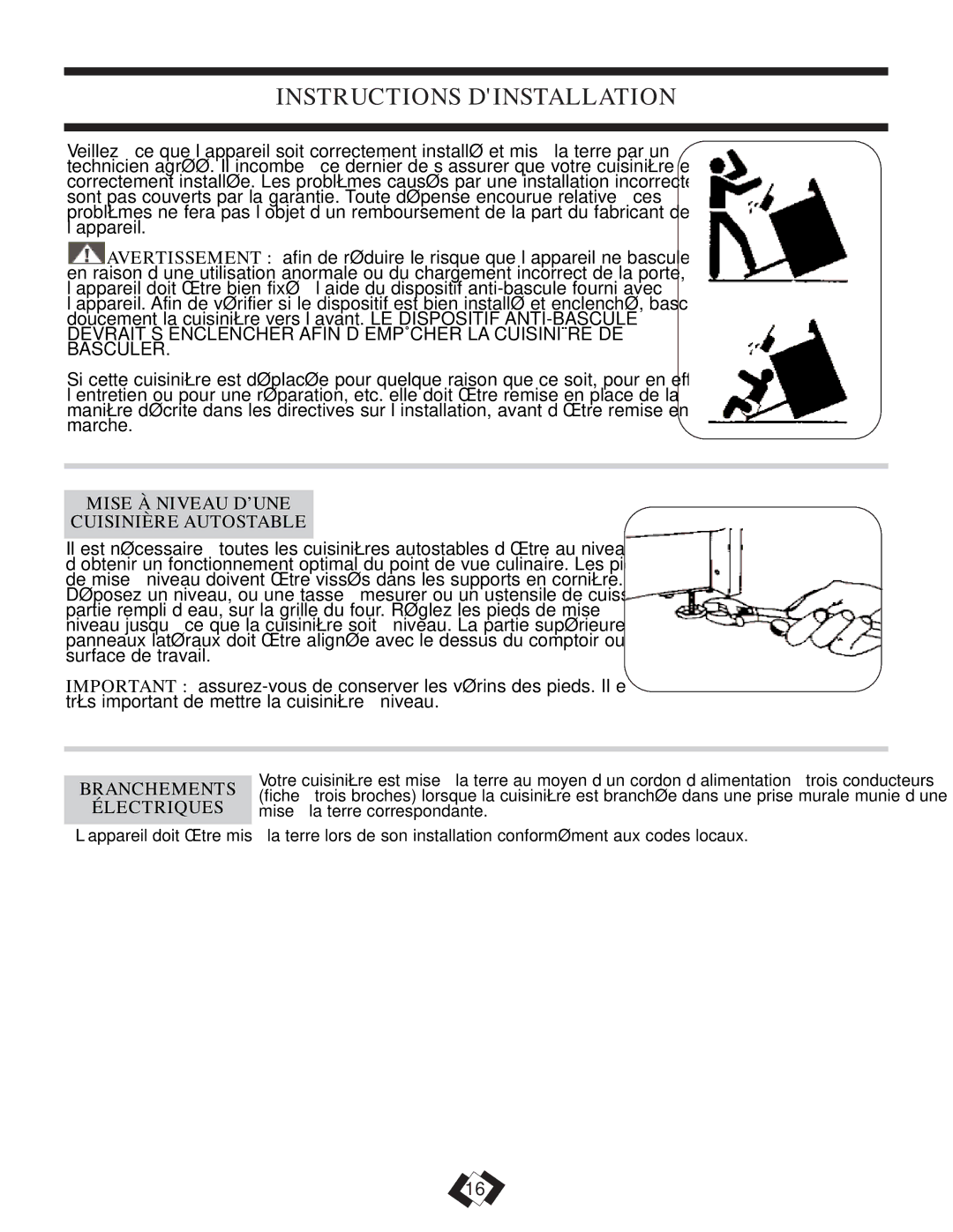 Danby DER2009W installation instructions Instructions Dinstallation, Mise À Niveau D’UNE Cuisinière Autostable, Électriques 