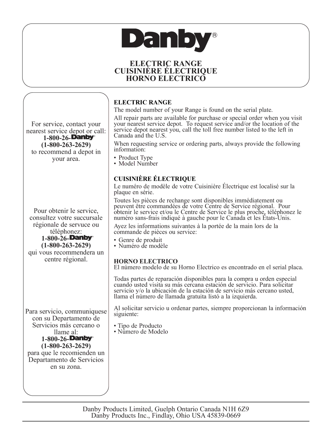 Danby DER2009W installation instructions Electric Range, Cuisinière Électrique, Horno Electrico 