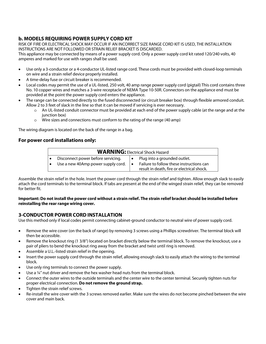 Danby DER2009W installation instructions Conductor Power Cord Installation 