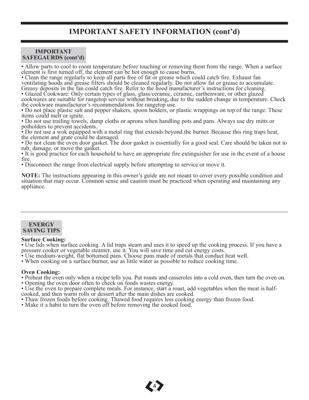 Danby DER2009W installation instructions Safegaurds cont’d, Energy Saving Tips, Surface Cooking, Oven Cooking 