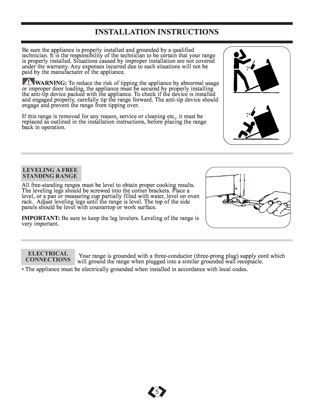 Danby DER2009W installation instructions Installation Instructions, Leveling A Free Standing Range, Electrical 
