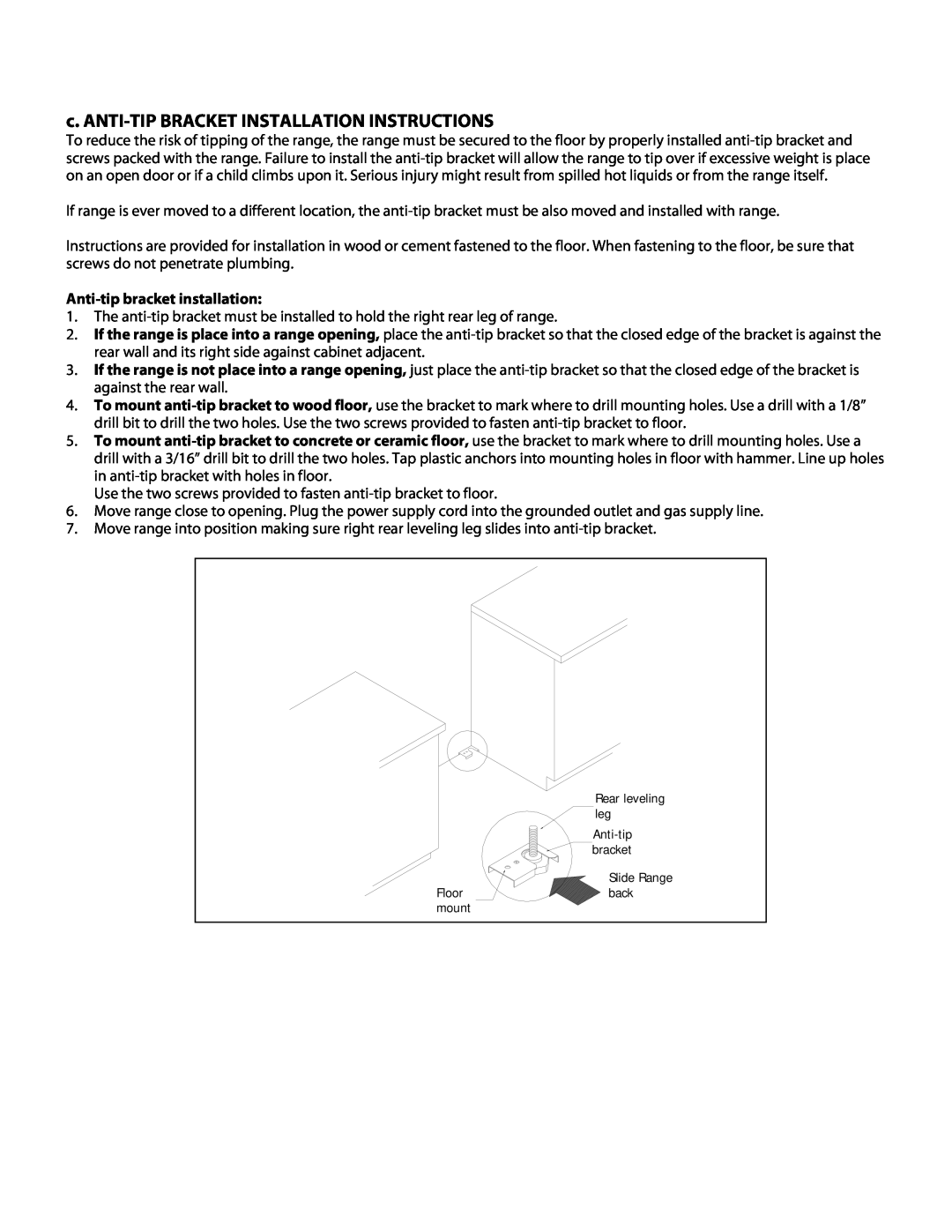 Danby DER2009W Electrical Connections, c. ANTI-TIP BRACKET INSTALLATION INSTRUCTIONS, Anti-tip bracket installation 