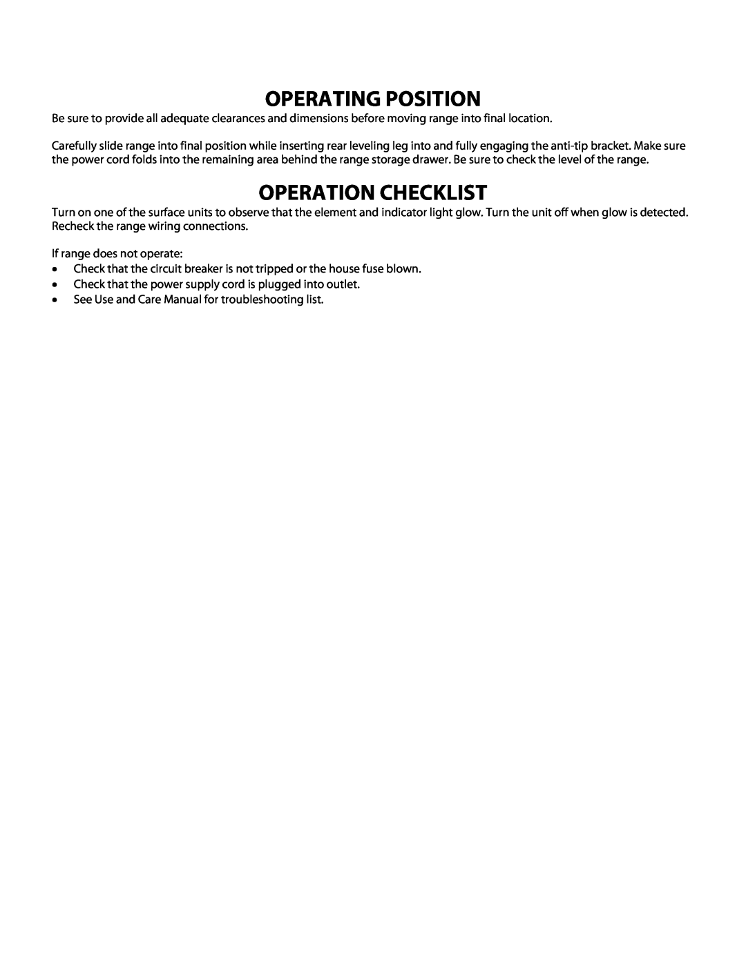 Danby DER2009W installation instructions Operating Position, Operation Checklist 