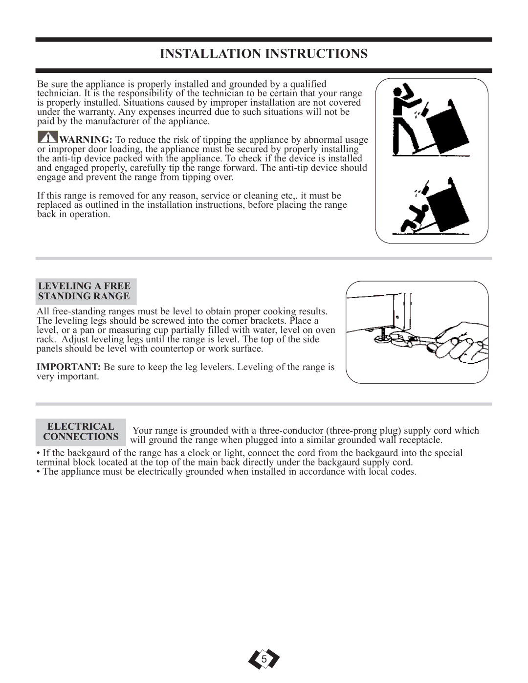 Danby DER2099BL, DER2099W installation instructions Installation Instructions, Leveling a Free Standing Range, Electrical 