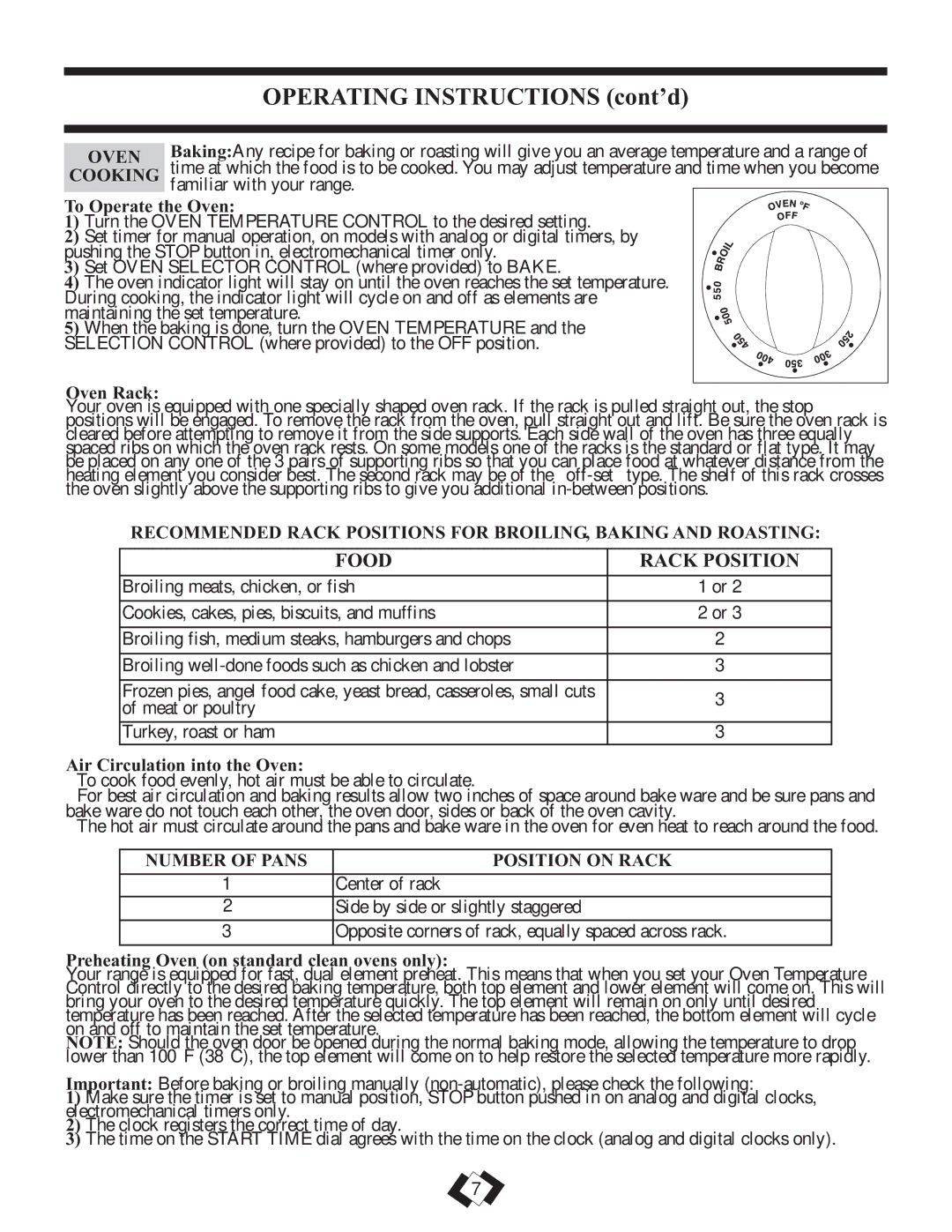 Danby DER2099BL, DER2099W Operating Instructions cont’d, Food Rack Position, Oven, Number of Pans Position on Rack 