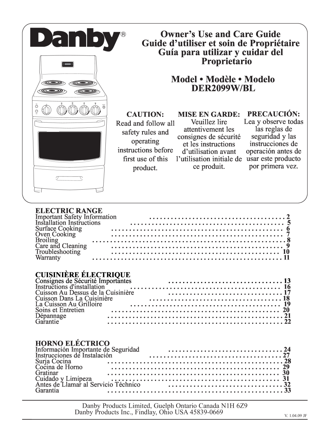 Danby DER2099W installation instructions Mise En Garde, Precaución, Electric Range, Cuisinière Électrique, Horno Eléctrico 