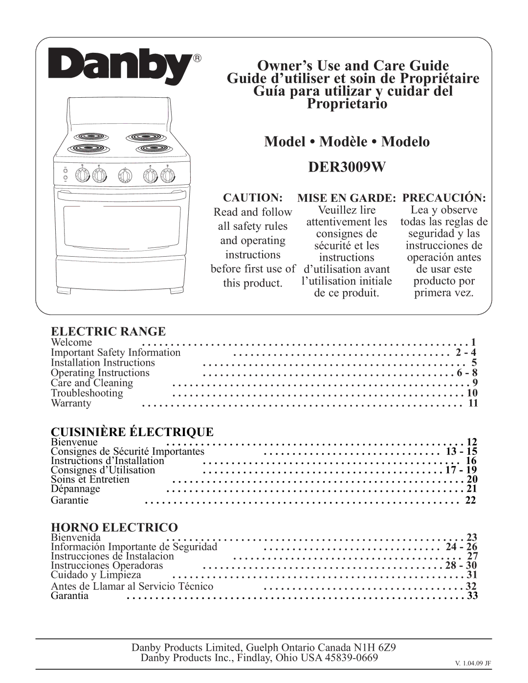 Danby DER3009W installation instructions Owner’s Use and Care Guide 