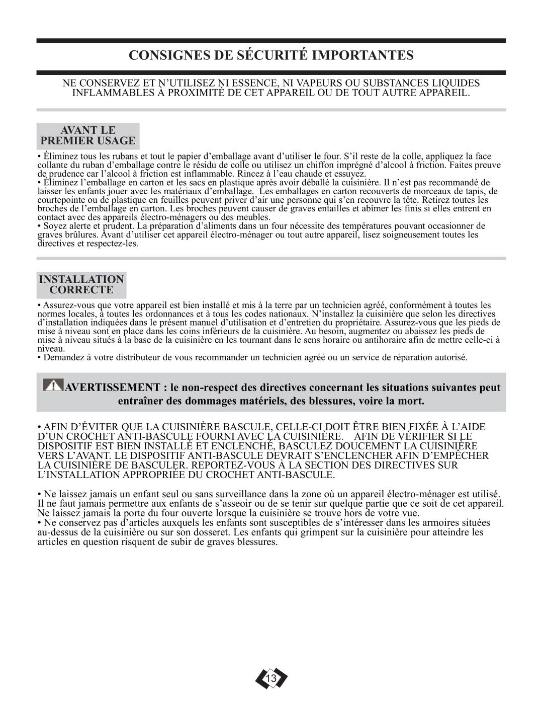 Danby DER3009W installation instructions Consignes DE Sécurité Importantes, Avant LE Premier Usage, Installation Correcte 