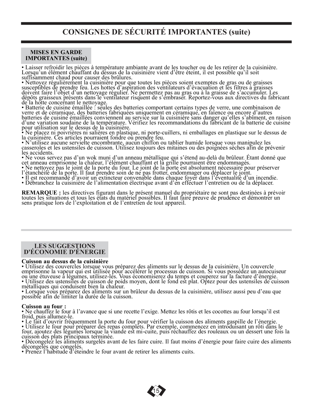 Danby DER3009W LES Suggestions Déconomie Dénergie, Mises EN Garde, Importantes suite, Cuisson au dessus de la cuisinière 