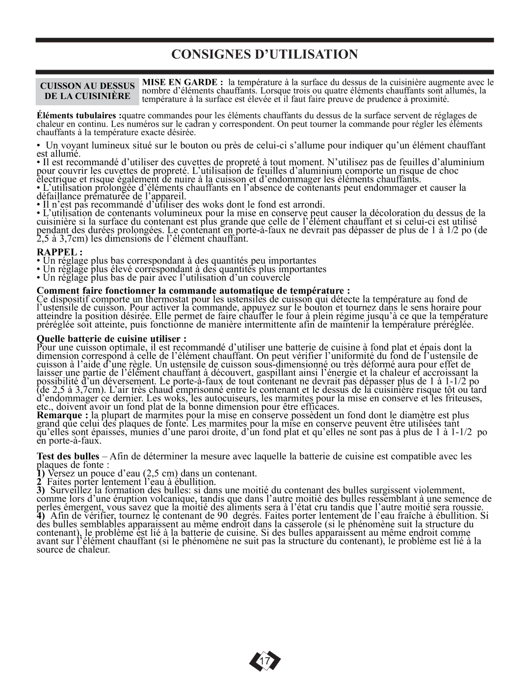 Danby DER3009W installation instructions Consignes D’UTILISATION, Rappel, Quelle batterie de cuisine utiliser 