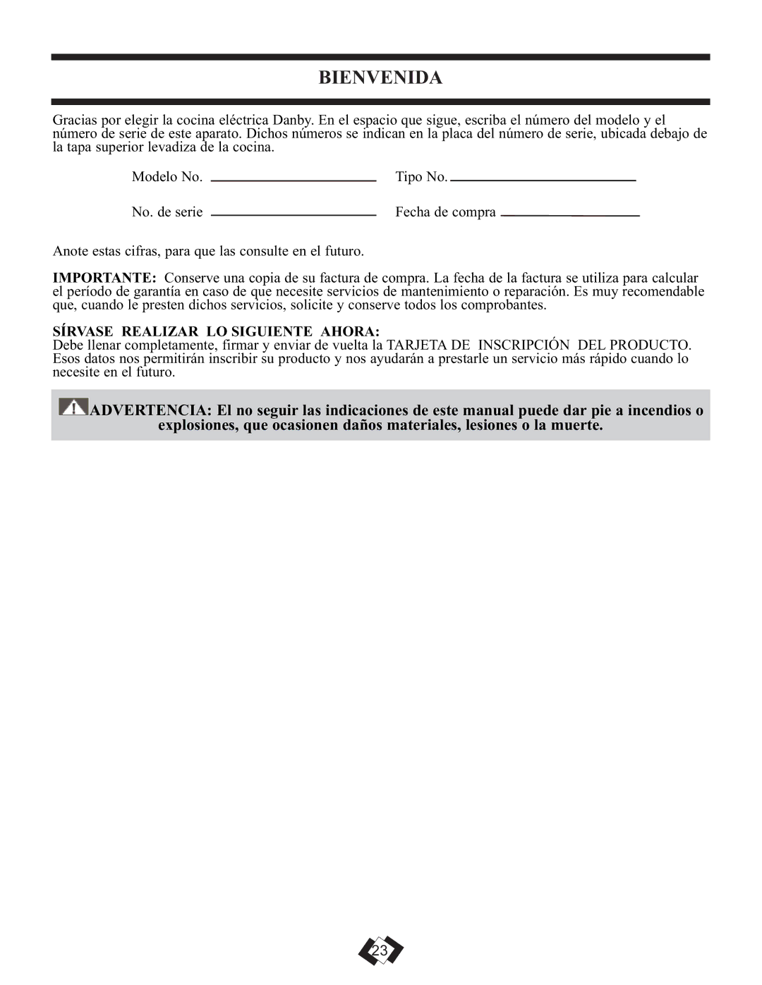 Danby DER3009W installation instructions Bienvenida, Sírvase Realizar LO Siguiente Ahora 