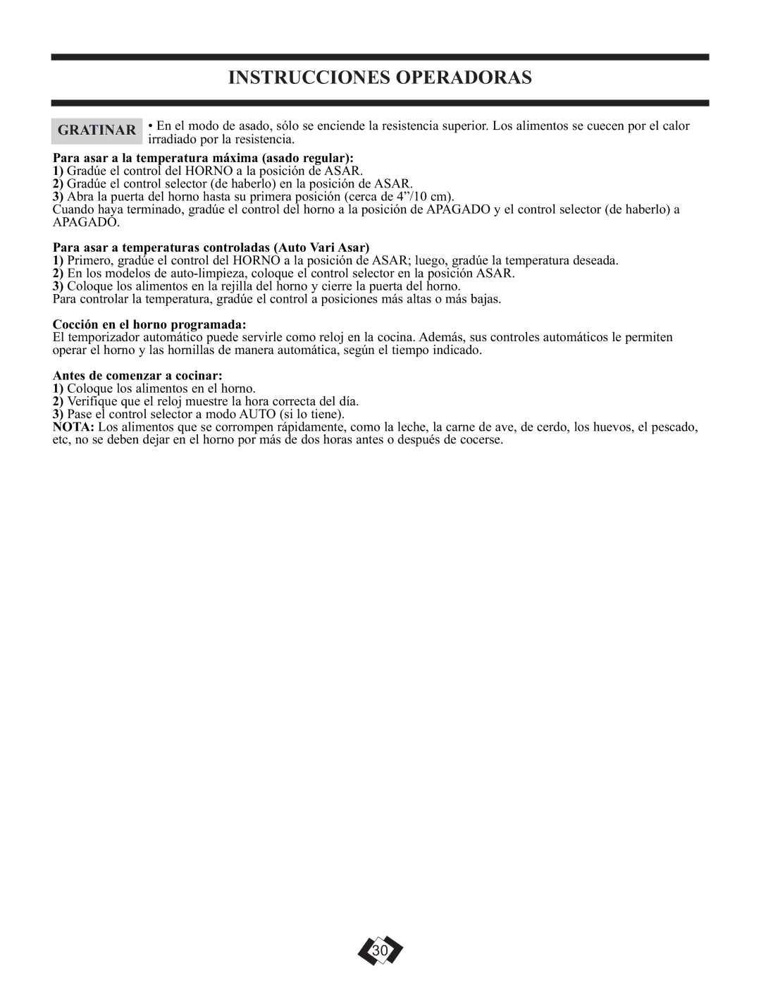 Danby DER3009W installation instructions Gratinar, Para asar a la temperatura máxima asado regular 