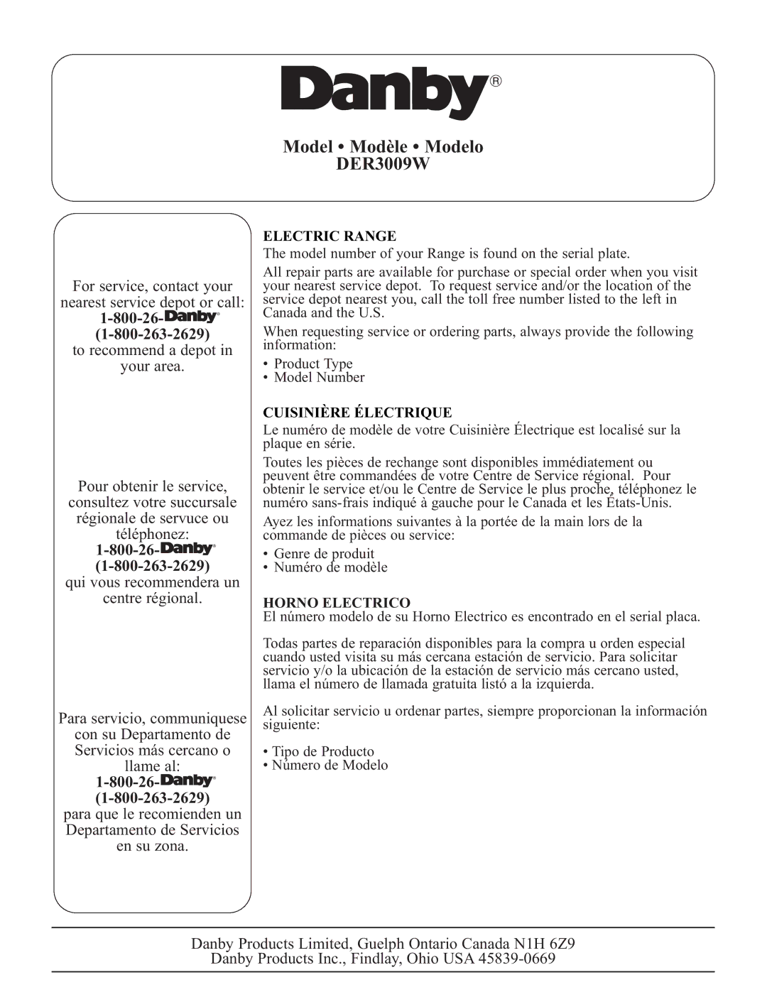 Danby DER3009W installation instructions Electric Range, Cuisinière Électrique, Horno Electrico 