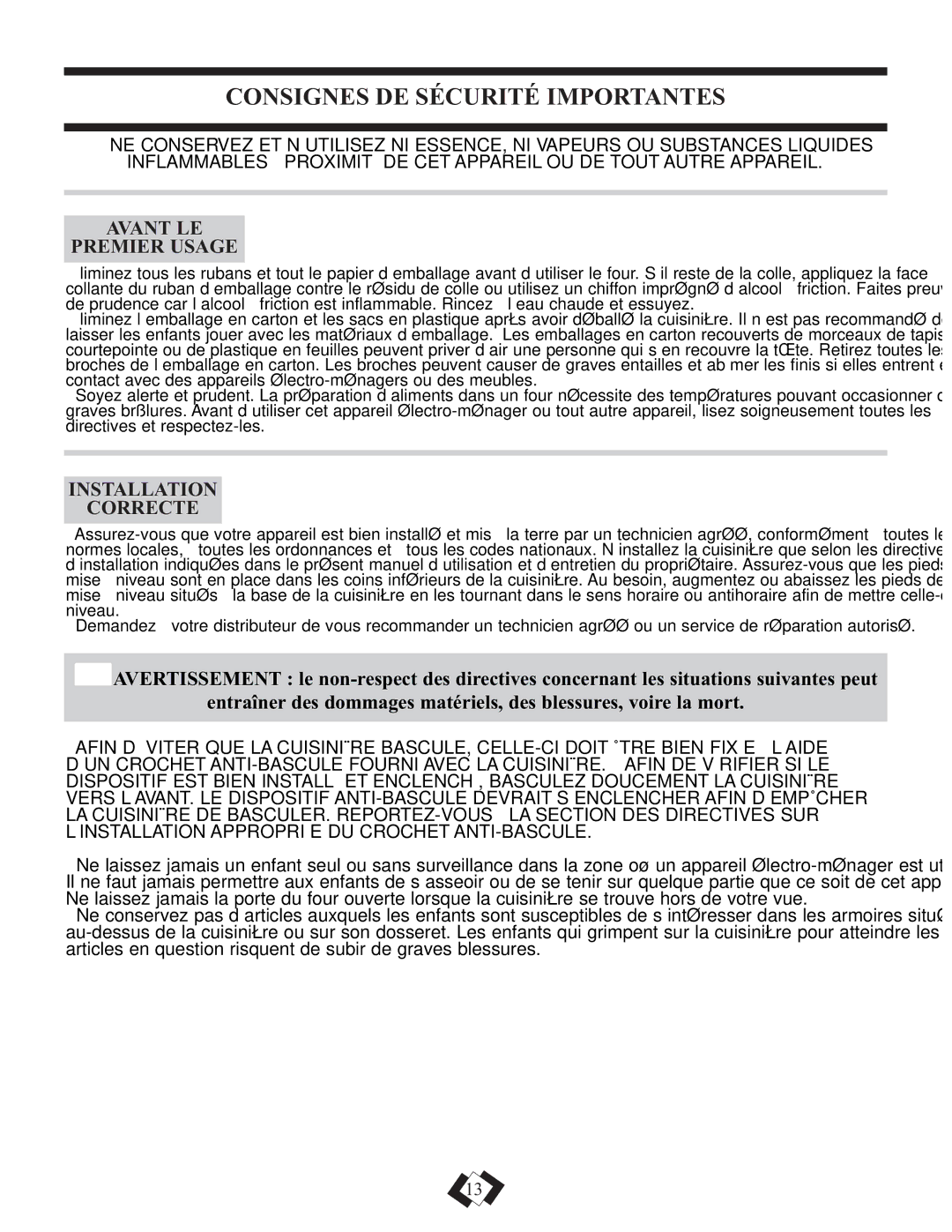 Danby DER3099W, DER3099BL Consignes DE Sécurité Importantes, Avant LE Premier Usage, Installation Correcte 