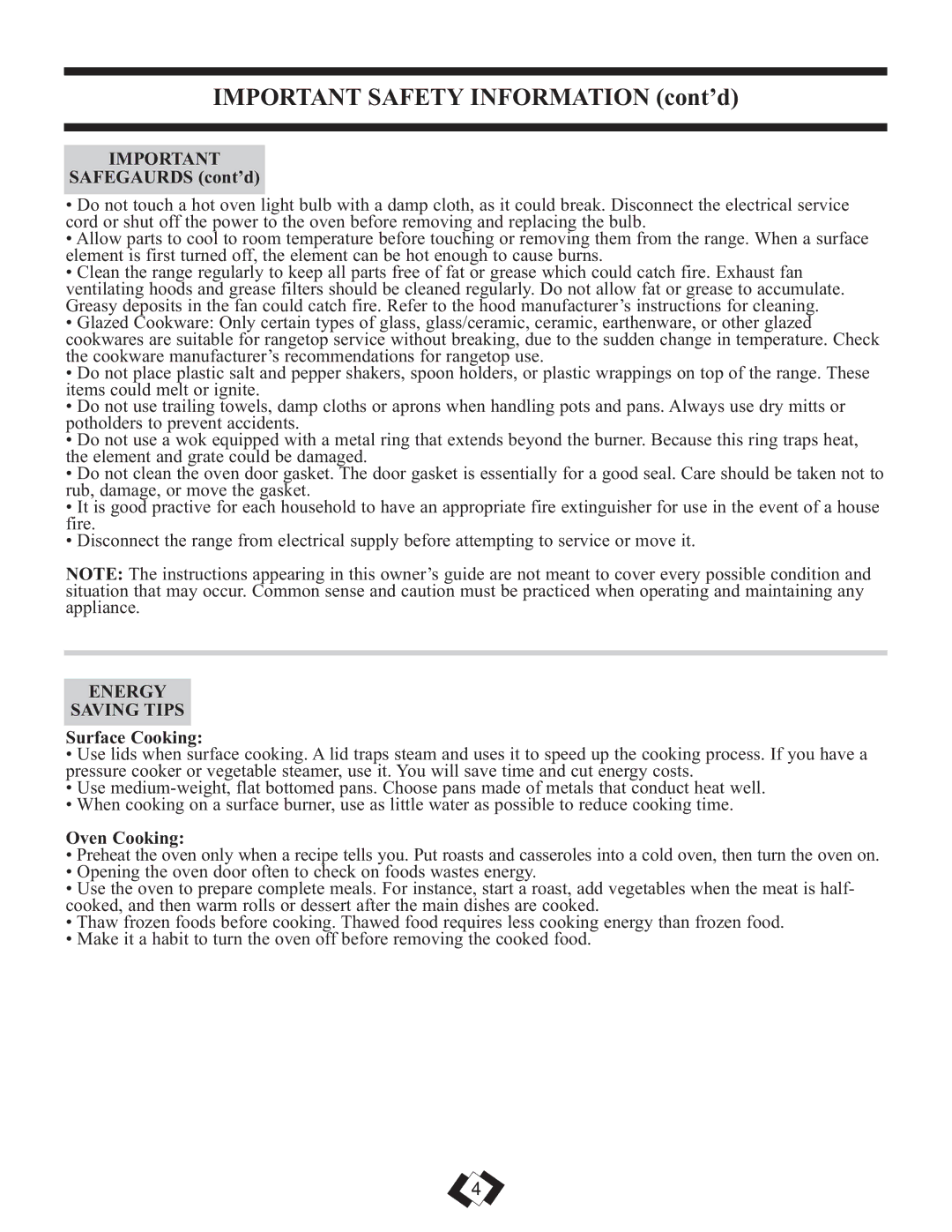 Danby DER3099W, DER3099BL installation instructions Safegaurds cont’d, Energy Saving Tips, Surface Cooking, Oven Cooking 