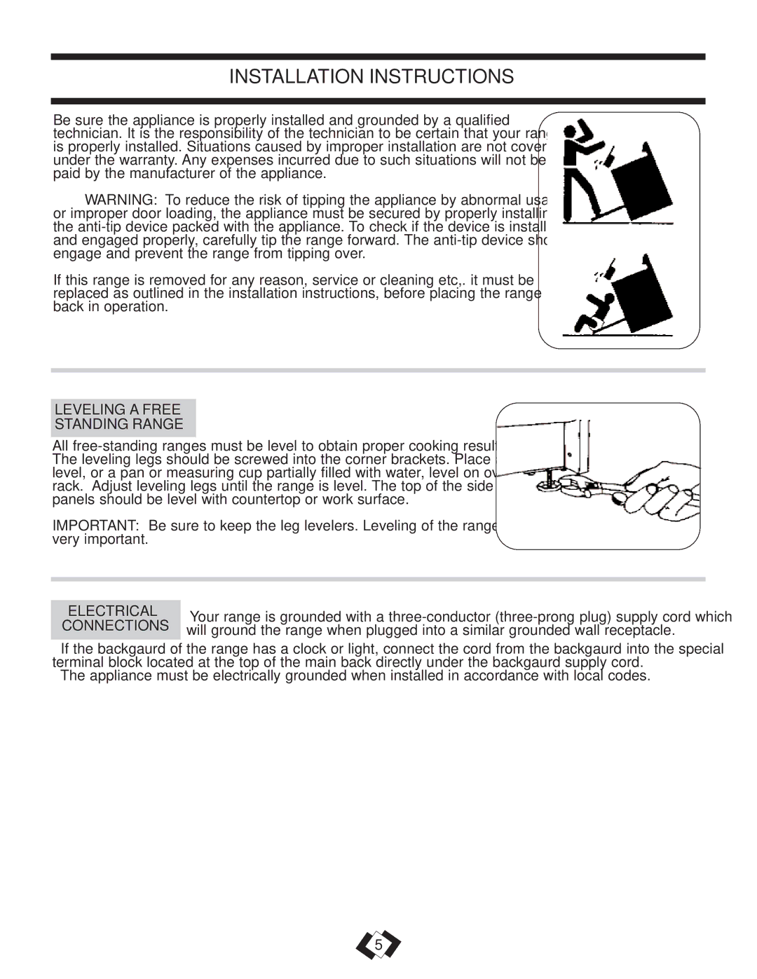 Danby DER3099BL, DER3099W installation instructions Installation Instructions, Leveling a Free Standing Range, Electrical 