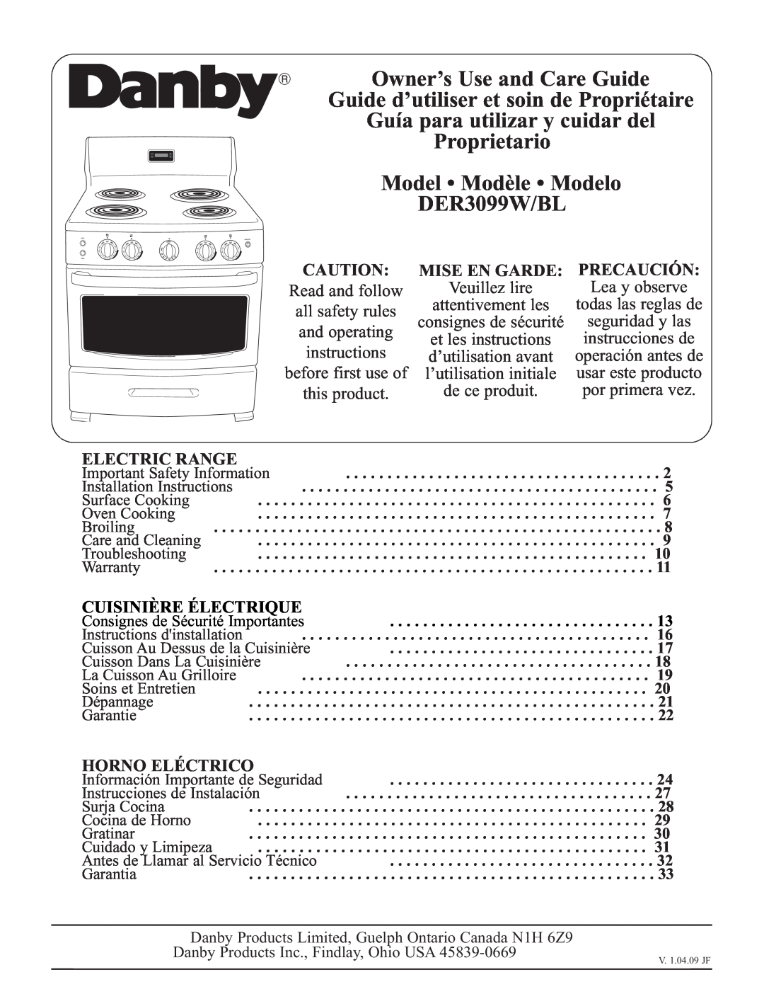Danby installation instructions Owner’s Use and Care Guide Guide d’utiliser et soin de Propriétaire, DER3099W/BL 