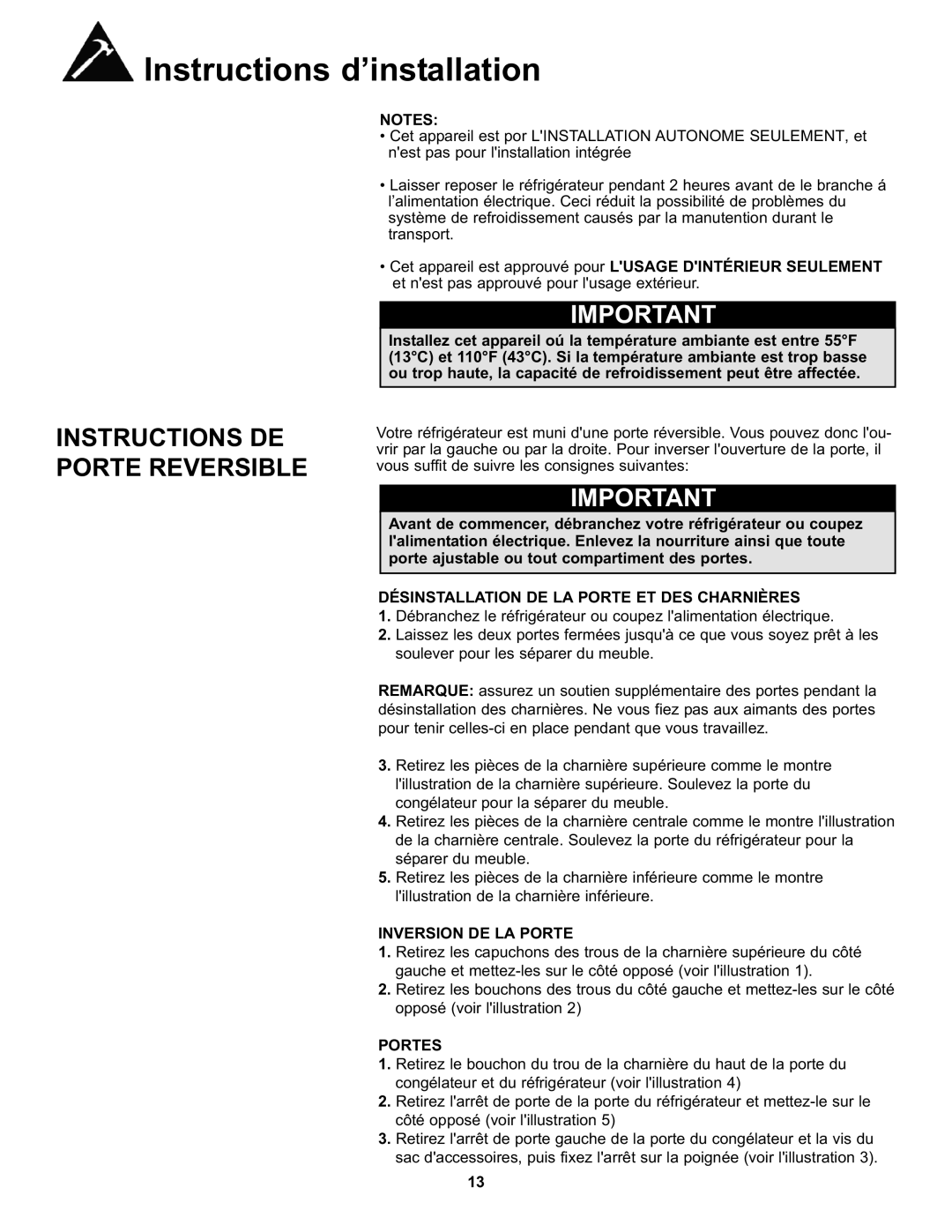 Danby DFF100A2WDB Instructions DE Porte Reversible, Désinstallation DE LA Porte ET DES Charnières, Inversion DE LA Porte 