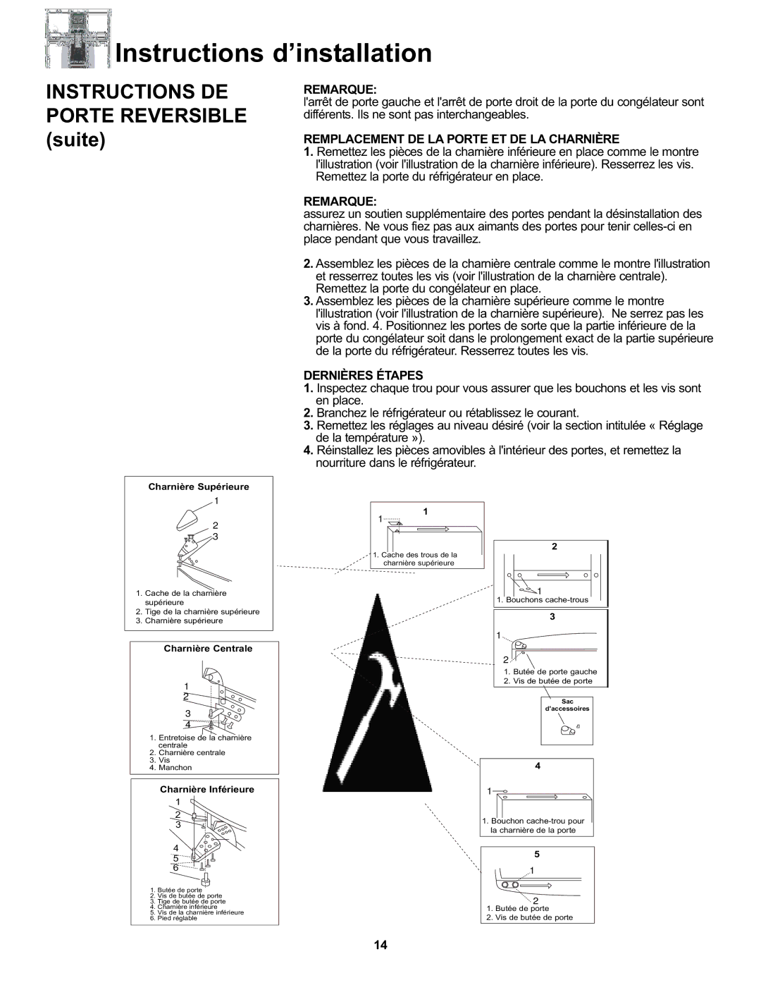 Danby DFF100A2WDB manual Remarque, Remplacement DE LA Porte ET DE LA Charnière, Dernières Étapes 