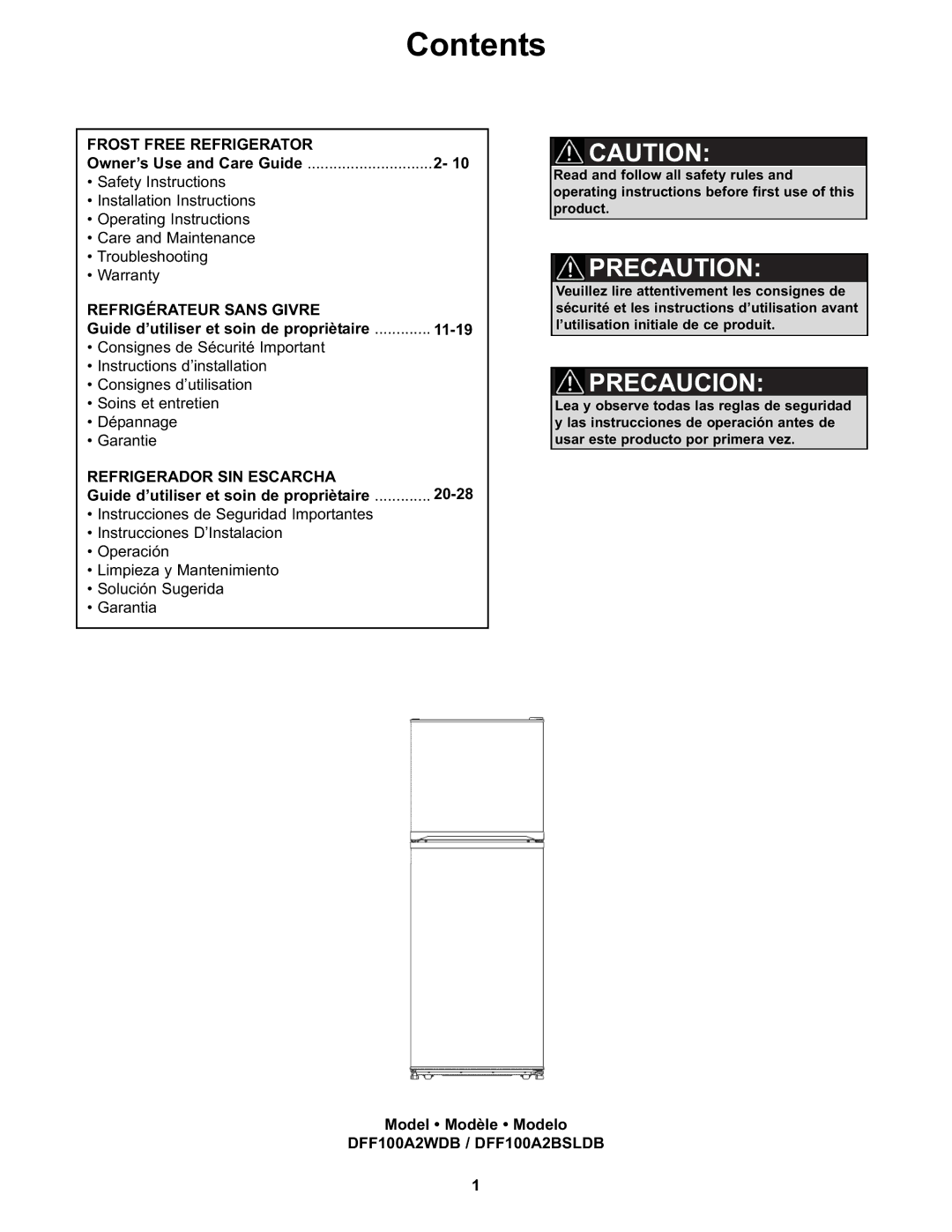 Danby DFF100A2WDB manual Contents 