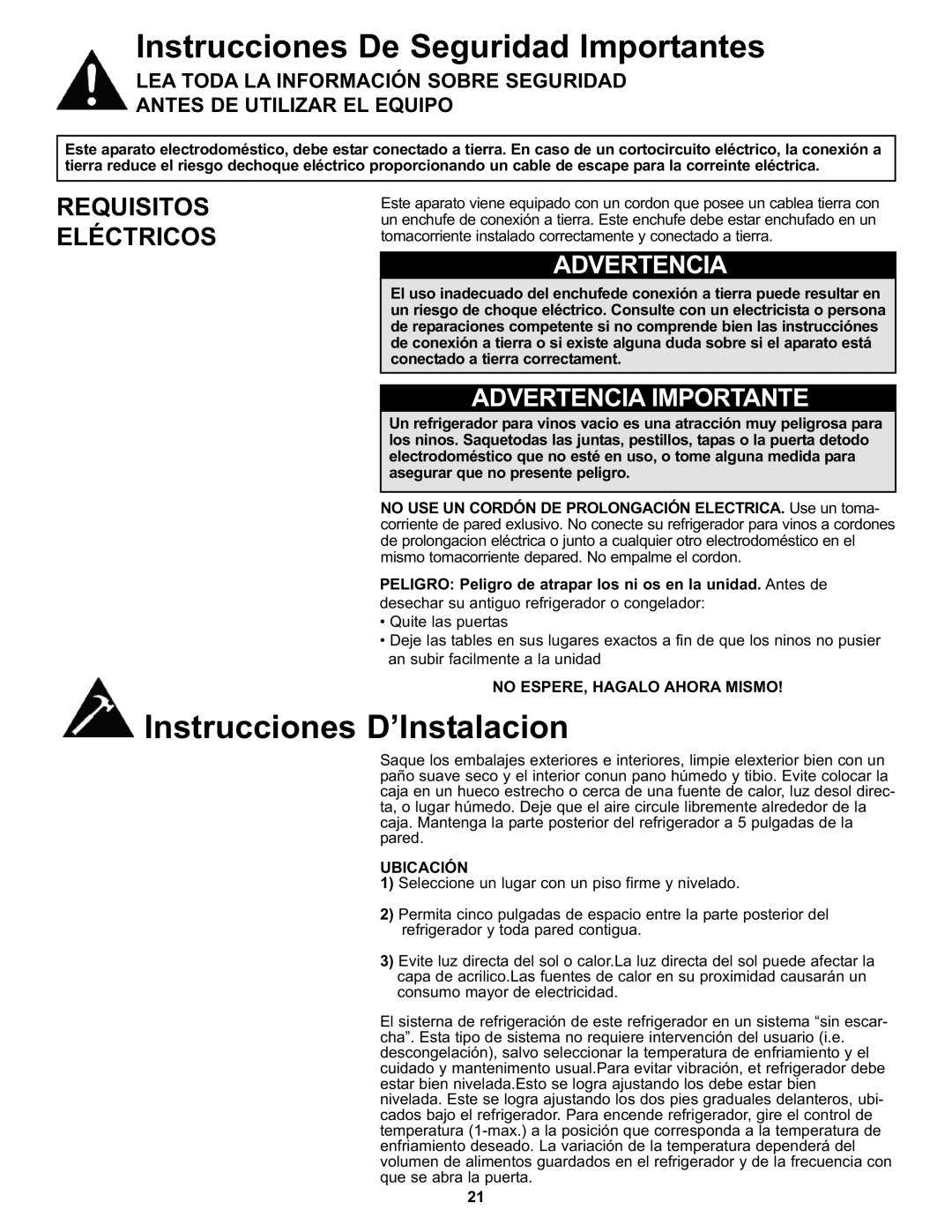 Danby DFF100A2WDB Instrucciones De Seguridad Importantes, Instrucciones D’Instalacion, Requisitos Eléctricos, Advertencia 