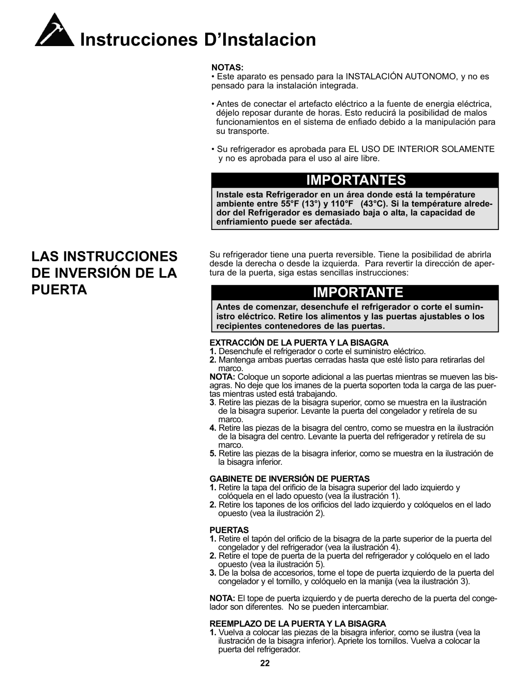 Danby DFF100A2WDB manual Importantes, LAS Instrucciones DE Inversión DE LA Puerta 