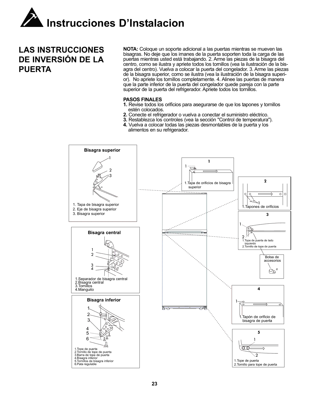 Danby DFF100A2WDB manual Pasos Finales, Bisagra superior 