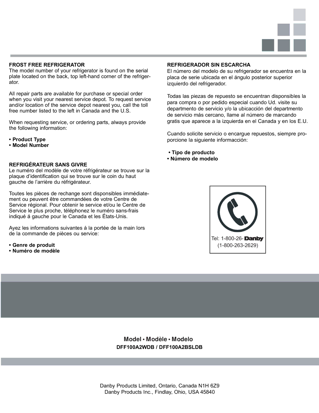 Danby DFF100A2WDB manual Product Type Model Number, Genre de produit Numéro de modèle, Tipo de producto Número de modelo 