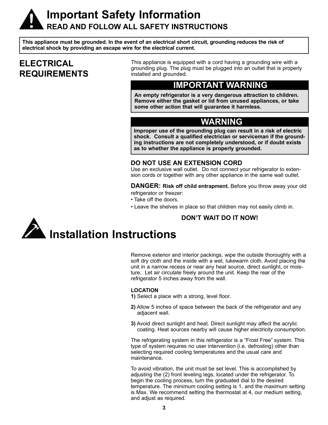 Danby DFF100A2WDB Important Safety Information, Installation Instructions, Electrical Requirements, Important Warning 