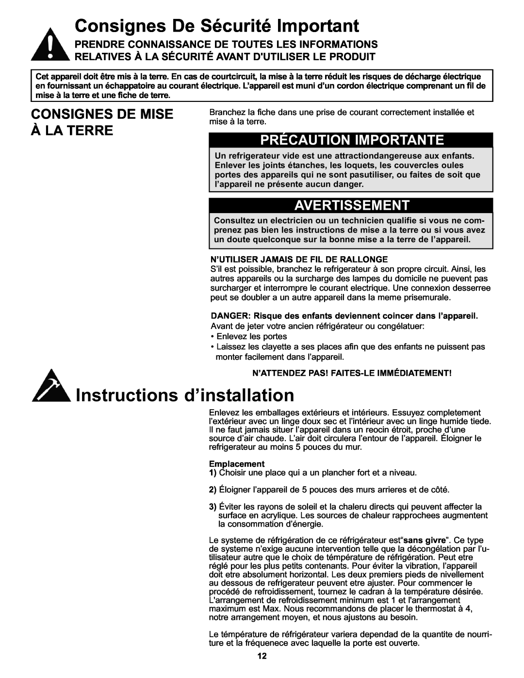 Danby DFF100A2WDB Consignes De Sécurité Important, Instructions d’installation, Consignes De Mise, À La Terre, Emplacement 