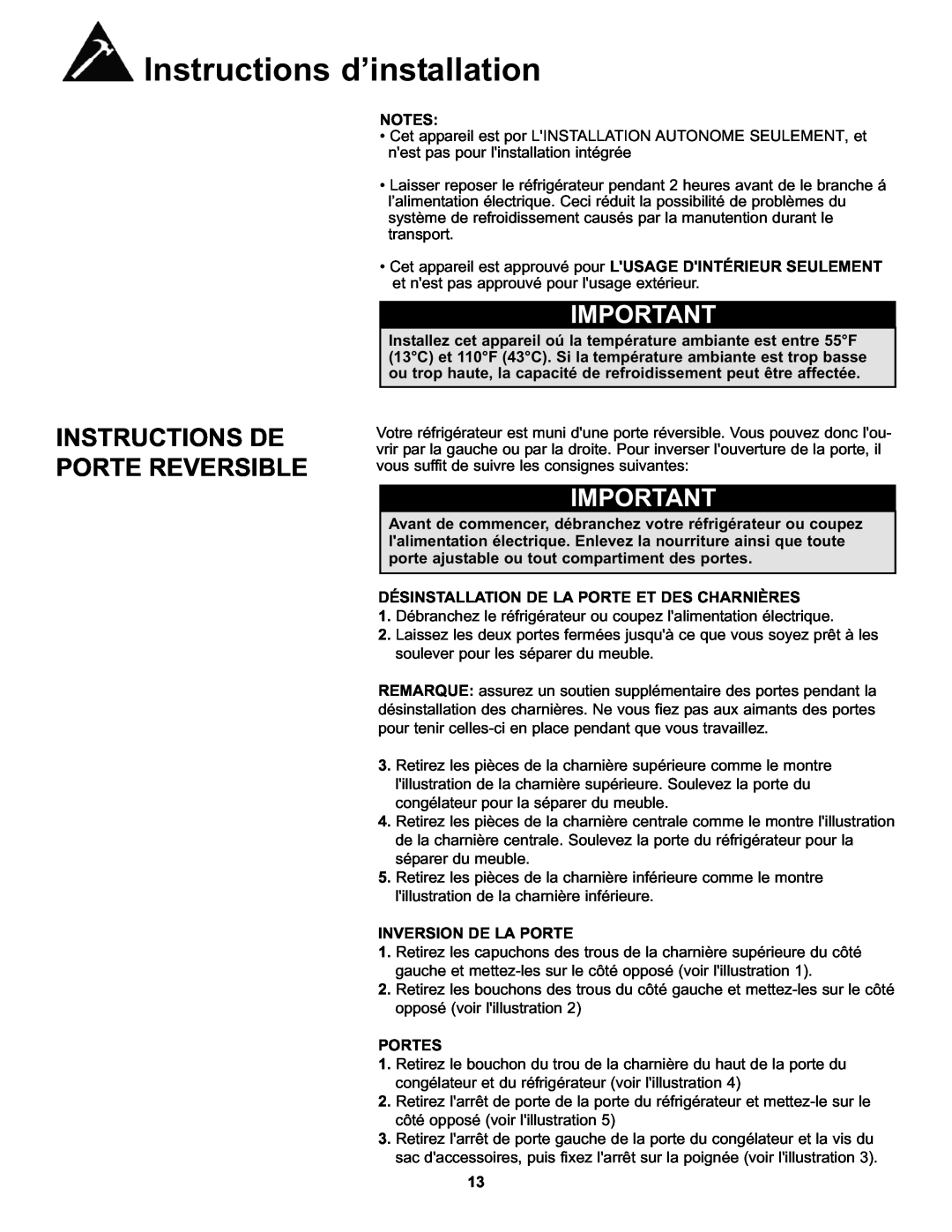 Danby DFF100A2WDB Instructions De Porte Reversible, Désinstallation De La Porte Et Des Charnières, Inversion De La Porte 