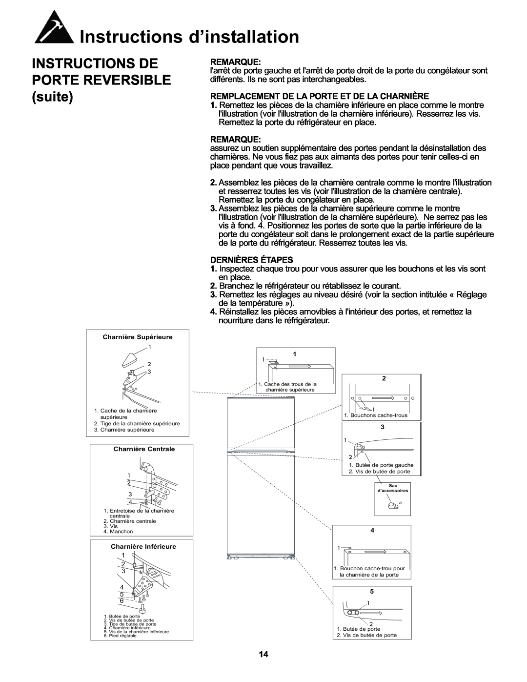 Danby DFF100A2WDB manual INSTRUCTIONS DE PORTE REVERSIBLE suite, Remarque, Remplacement De La Porte Et De La Charnière 