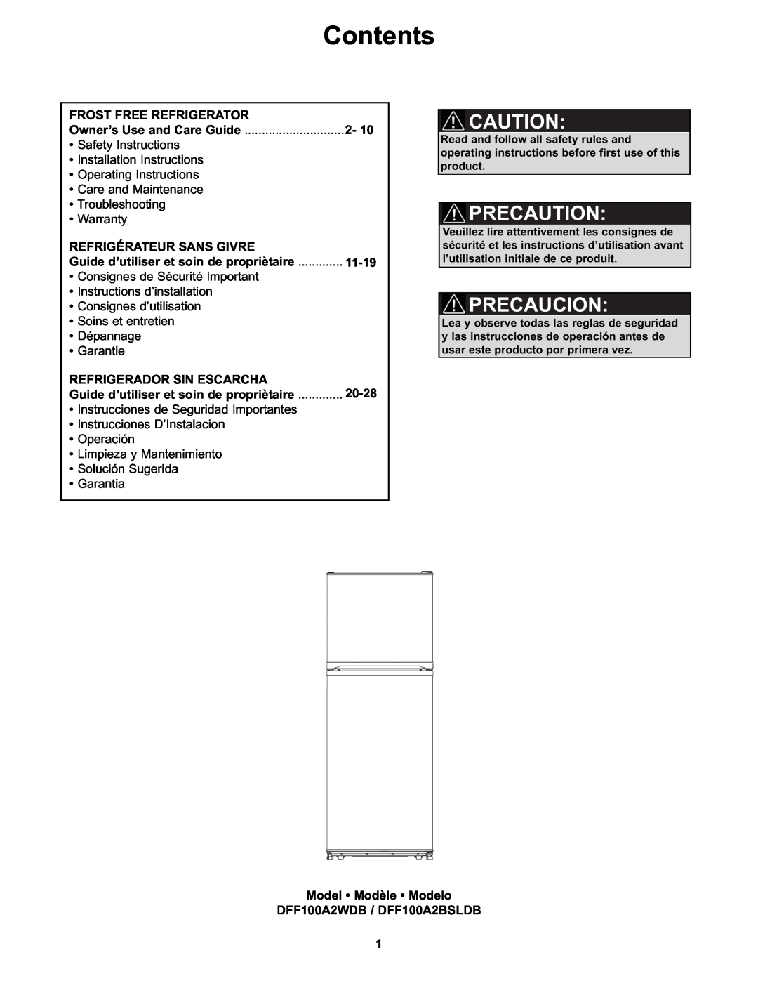 Danby DFF100A2WDB manual Contents, Precaution, Precaucion, Frost Free Refrigerator, Refrigérateur Sans Givre, 11-19, 20-28 