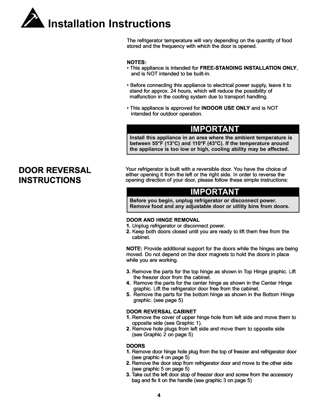 Danby DFF100A2WDB manual Door Reversal Instructions, Door And Hinge Removal, Door Reversal Cabinet, Doors 