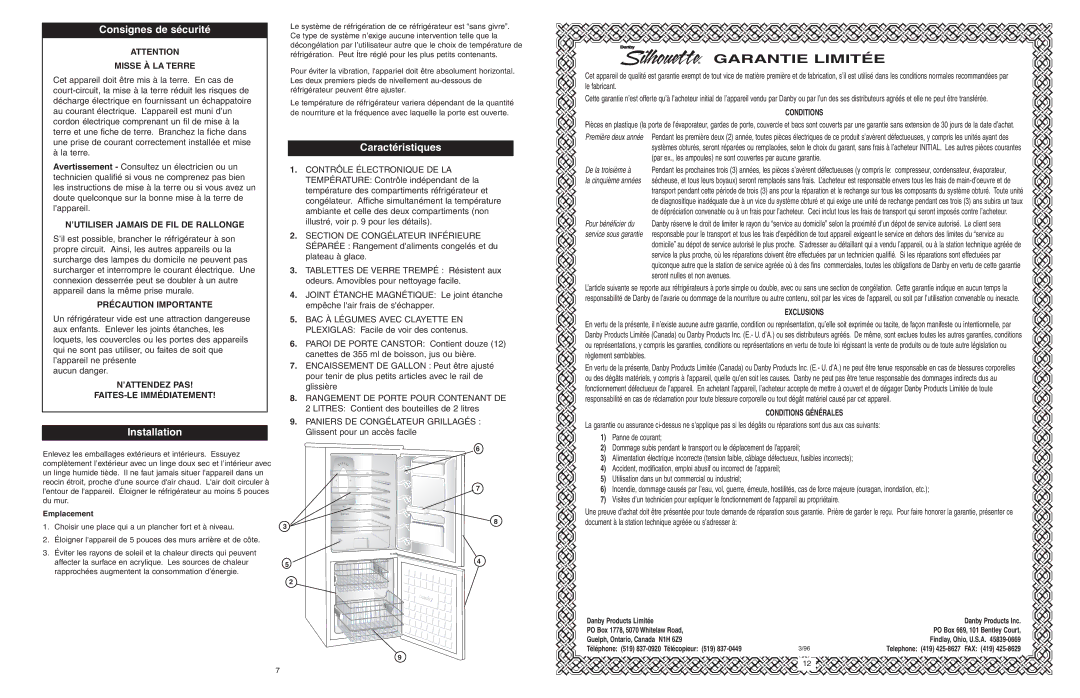 Danby DFF1044W/BLS owner manual Garantie Limitée, Consignes de sécurité, Caractéristiques 