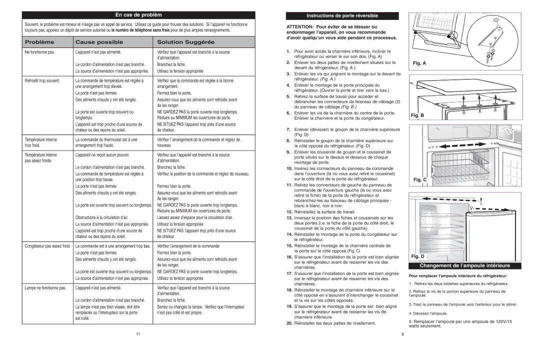 Danby DFF1044W/BLS owner manual En cas de problèm, Changement de l’ampoule intérieure, Instructions de porte réversible 