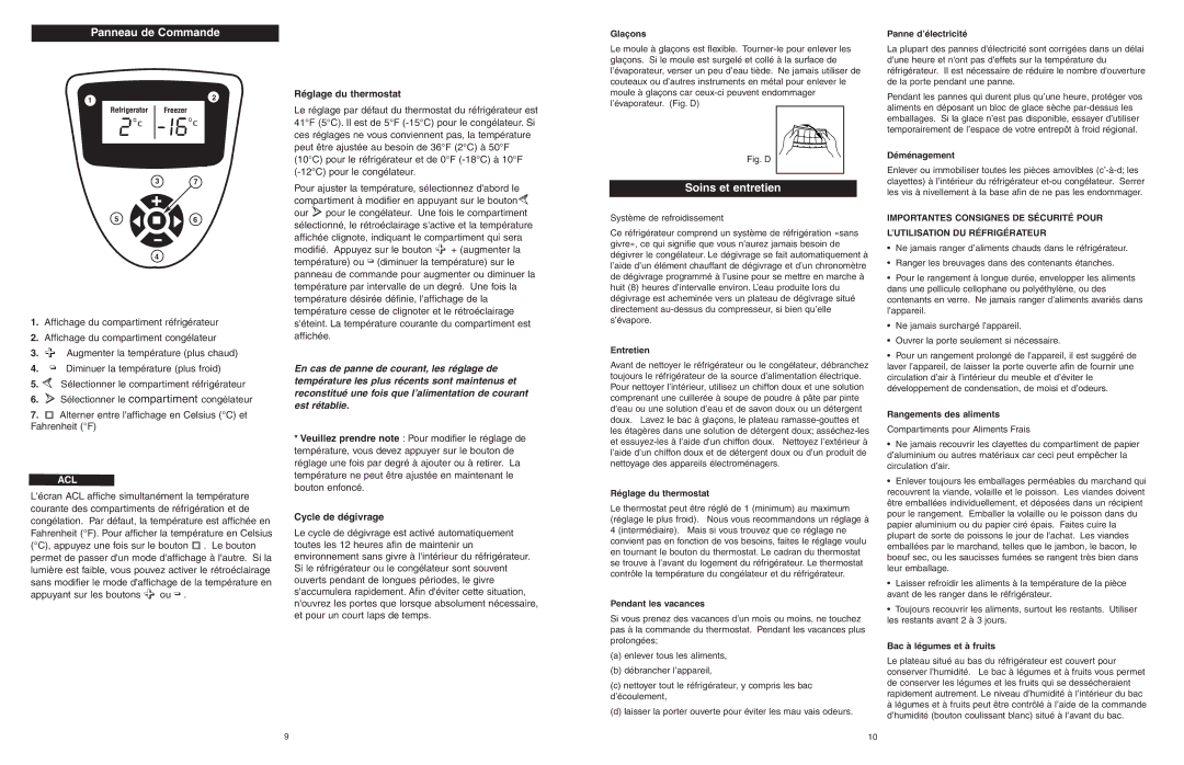 Danby DFF1044W/BLS owner manual Panneau de Commande, Soins et entretien, Réglage du thermostat 