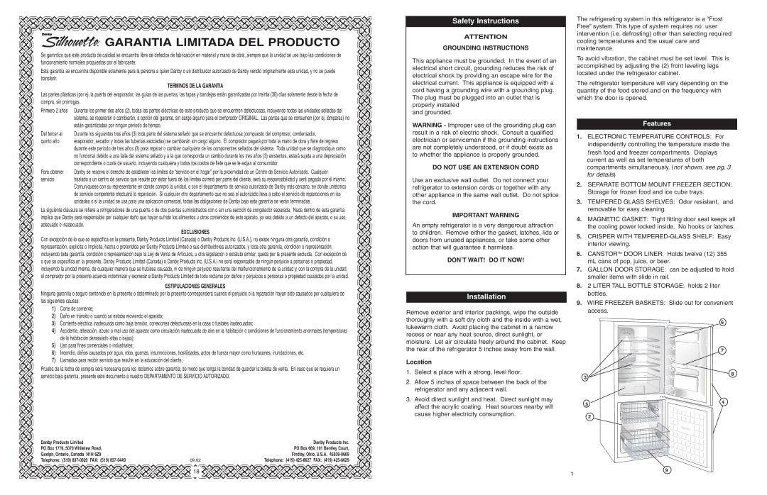 Danby DFF1044W/BLS owner manual Garantia Limitada DEL Producto, Safety Instructions, Installation, Features 