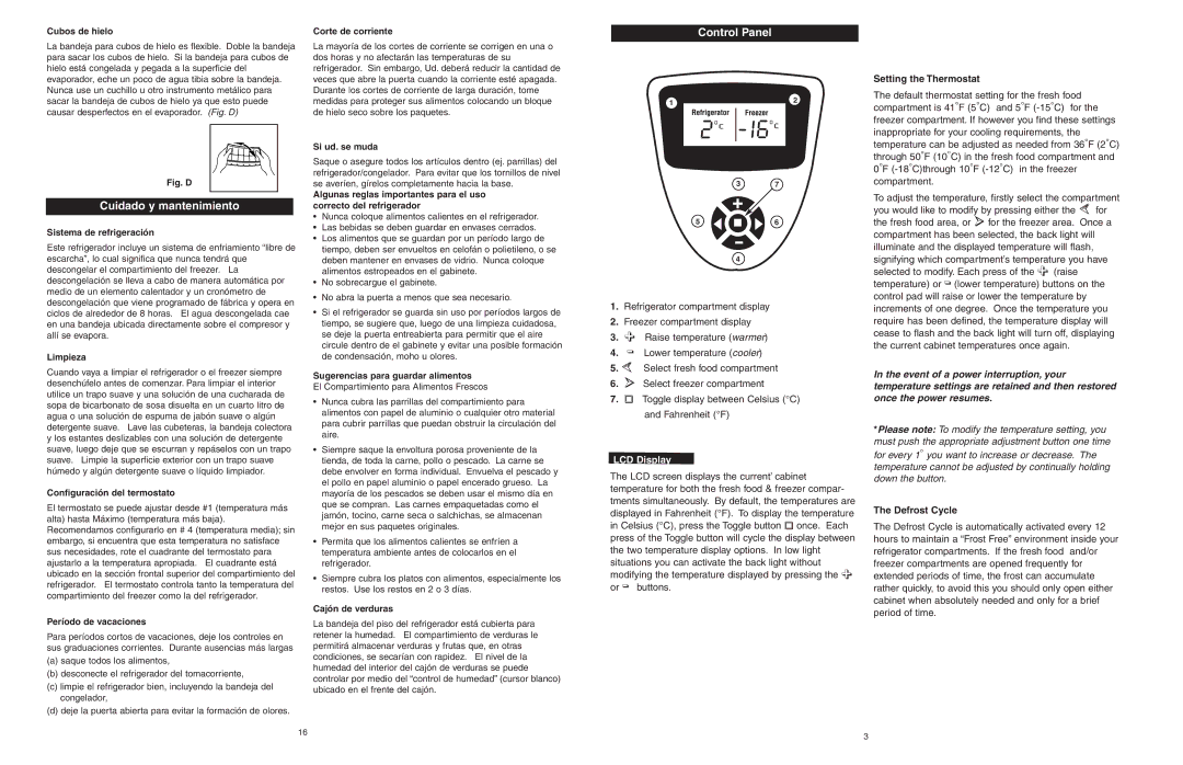 Danby DFF1044W/BLS owner manual Control Panel, Cuidado y mantenimiento, LCD Display, Setting the Thermostat, Defrost Cycle 