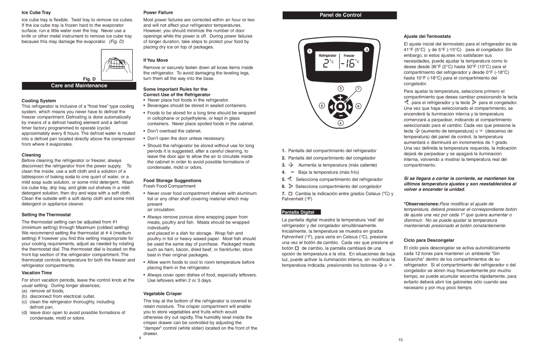 Danby DFF1044W/BLS owner manual Panel de Control, Care and Maintenance, Pantalla Digital 