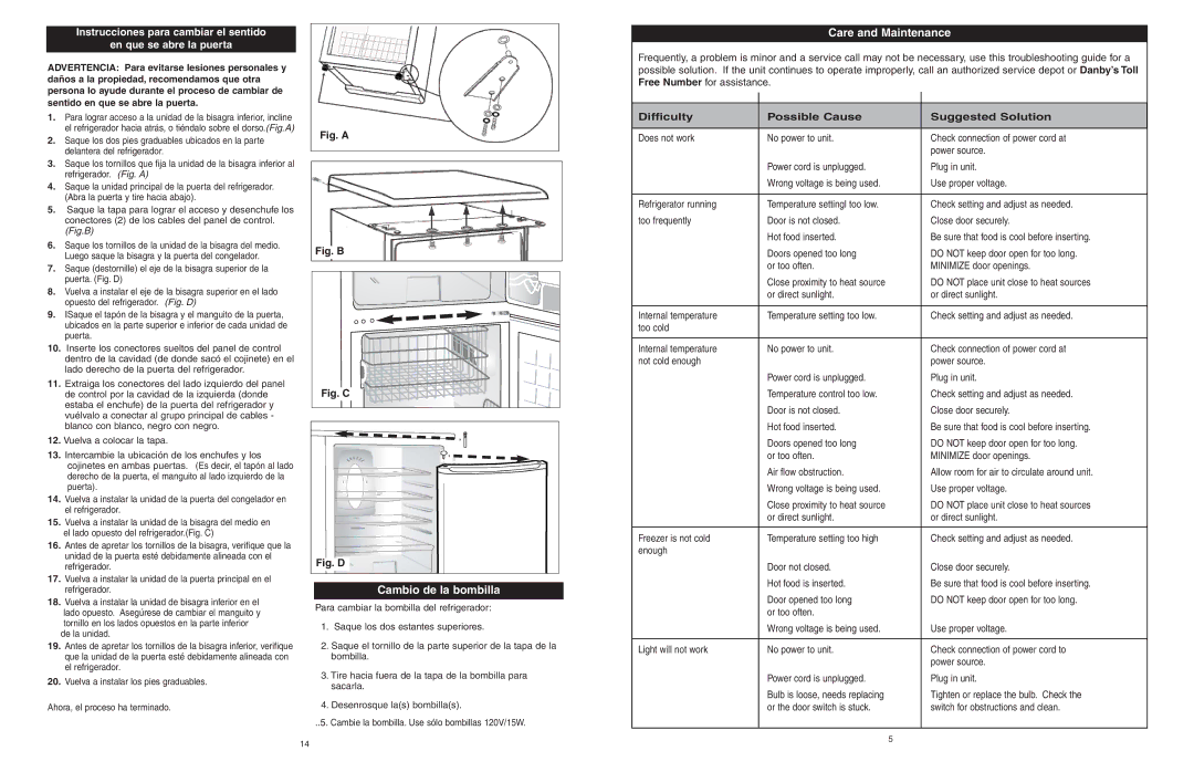 Danby DFF1044W/BLS owner manual Cambio de la bombilla, Fig. C 