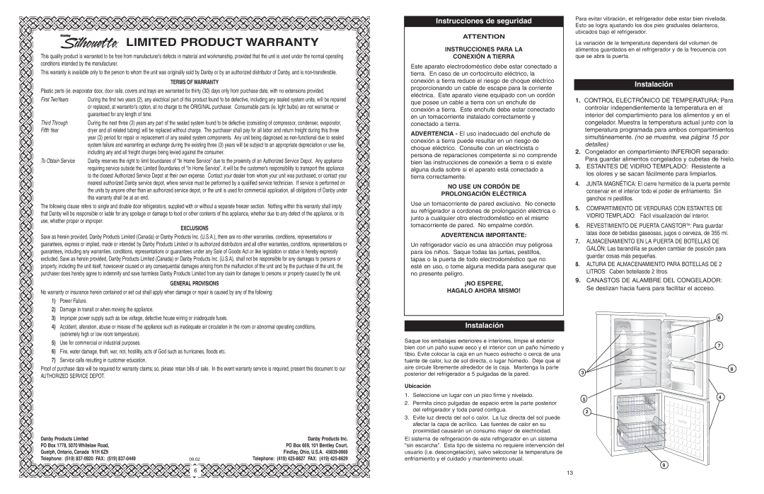 Danby DFF1044W/BLS owner manual Limited Product Warranty, Instrucciones de seguridad, Instalación 