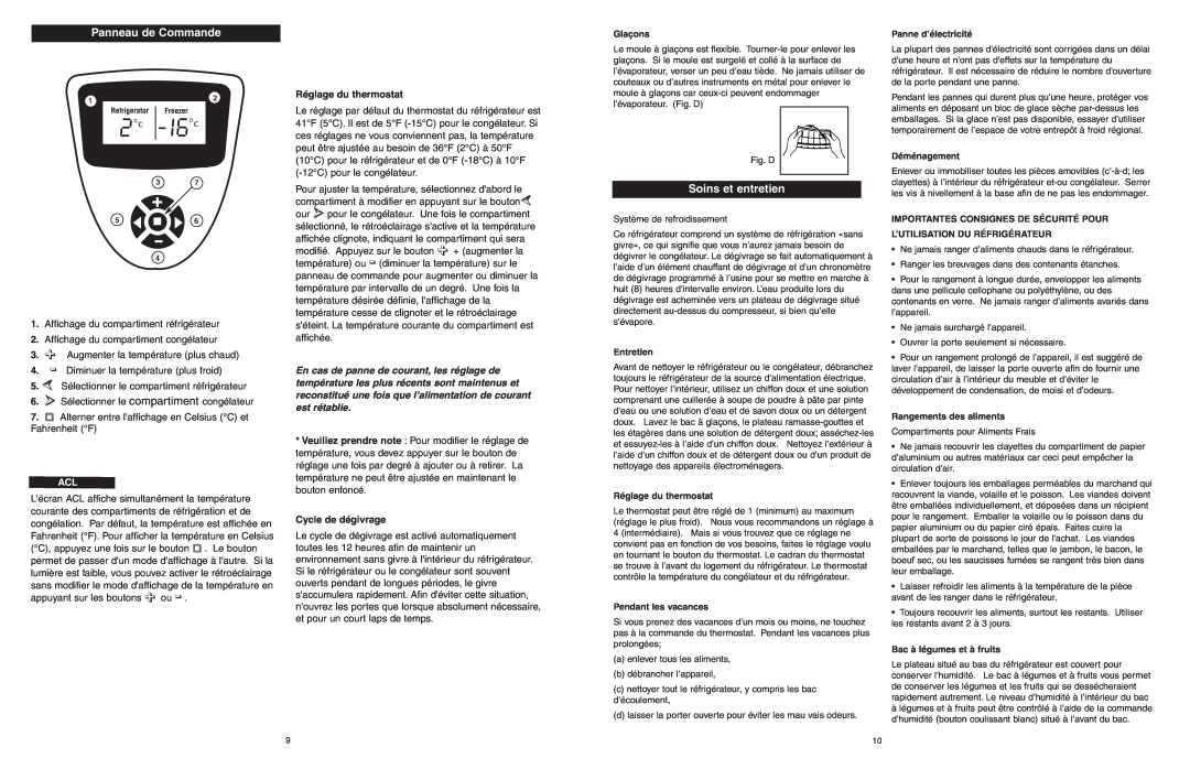 Danby DFF1044W/BLS owner manual Panneau de Commande, Soins et entretien, Affichage du compartiment réfrigérateur 