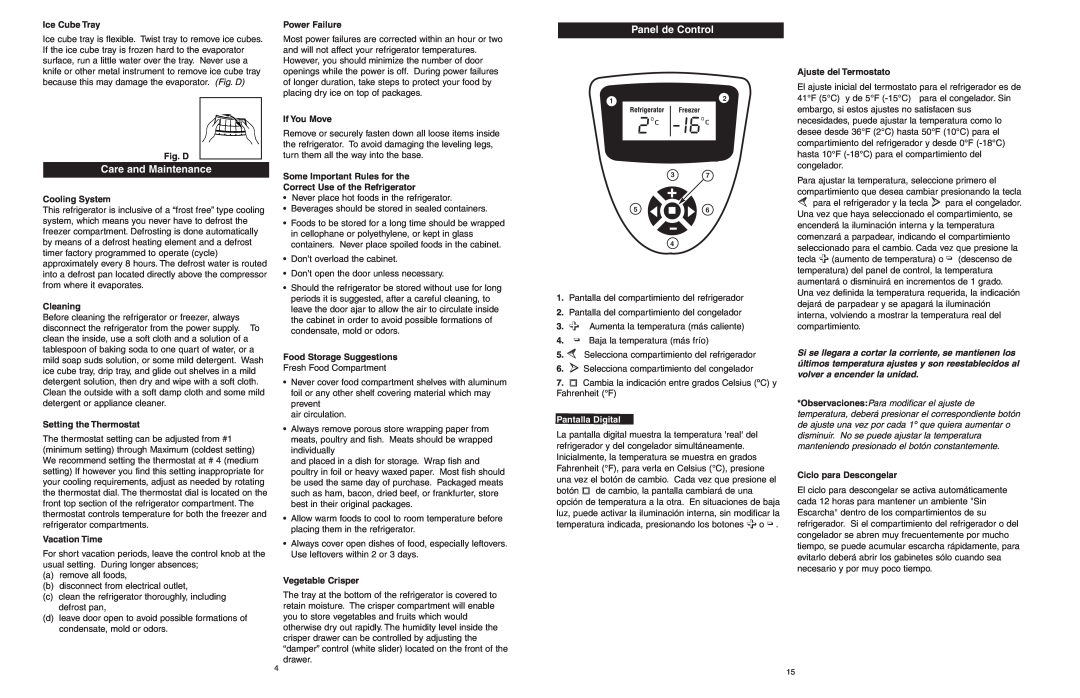 Danby DFF1044W/BLS Panel de Control, Care and Maintenance, a remove all foods b disconnect from electrical outlet 