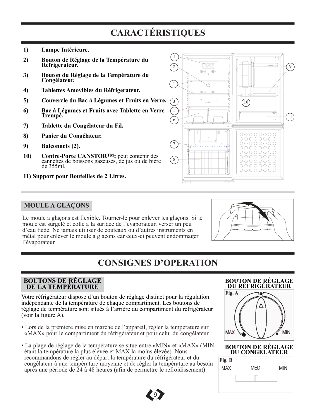 Danby DFF261WDB Caractéristiques, Consignes D’OPERATION, Moule a Glaçons, Boutons DE Réglage DE LA Température 