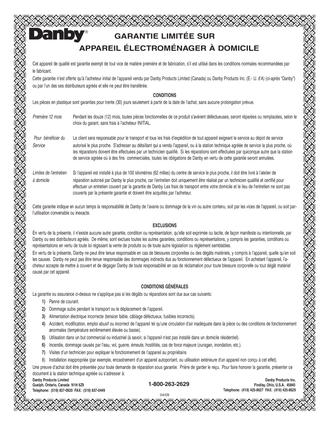 Danby DFF261WDB installation instructions Garantie Limitée SUR Appareil Électroménager À Domicile 