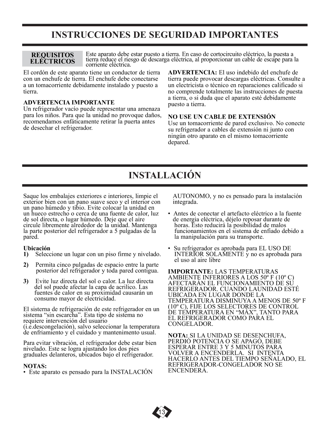 Danby DFF261WDB installation instructions Instrucciones DE Seguridad Importantes, Installación, Requisitos, Eléctricos 