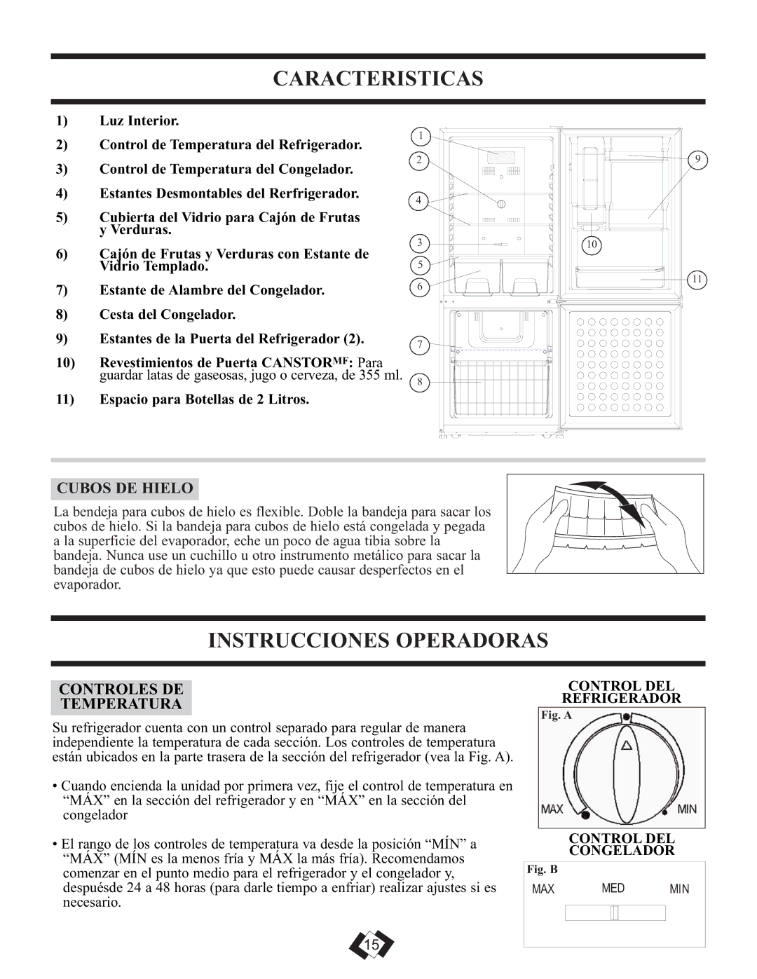 Danby DFF261WDB Caracteristicas, Instrucciones Operadoras, Cubos DE Hielo, Controles DE Temperatura 