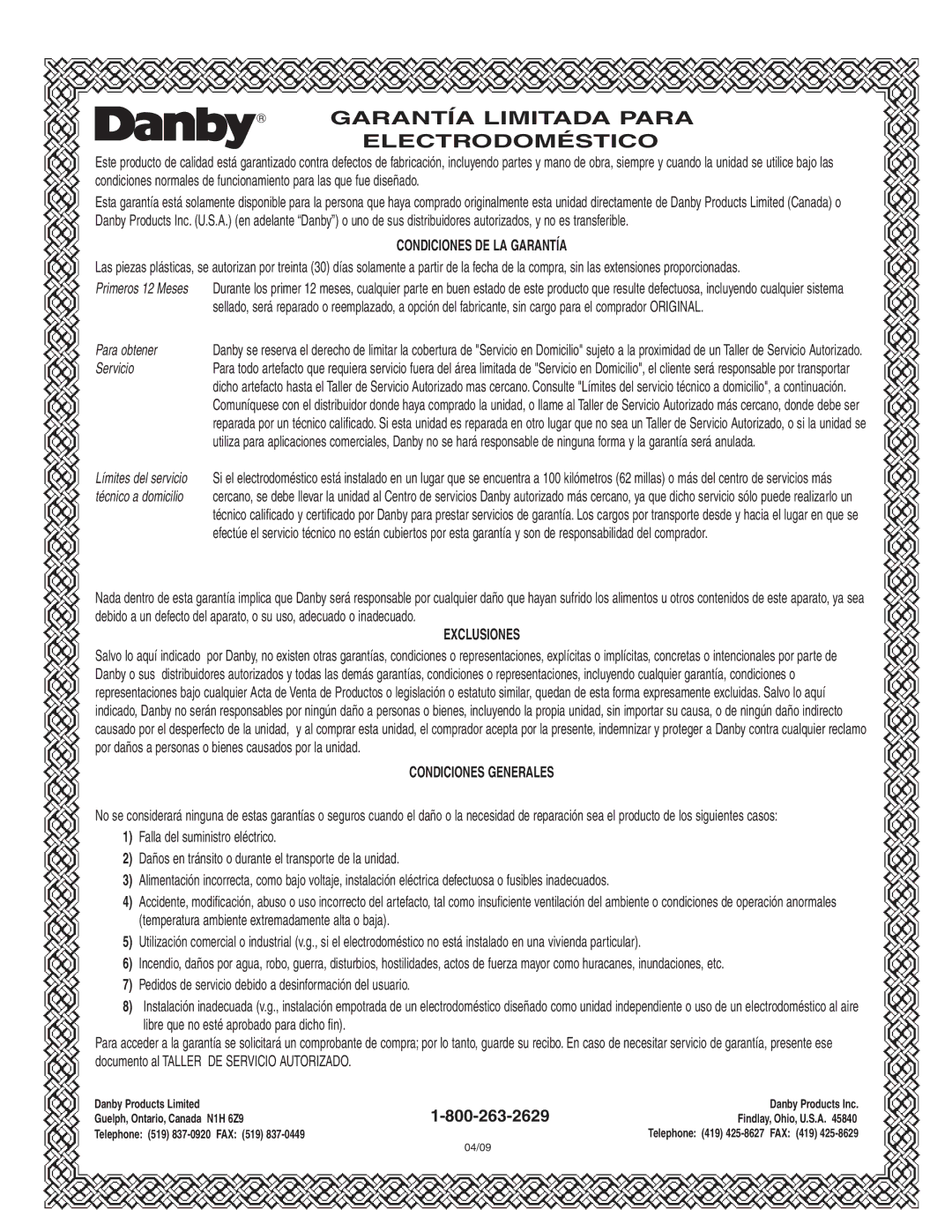 Danby DFF261WDB installation instructions Garantía Limitada Para Electrodoméstico 