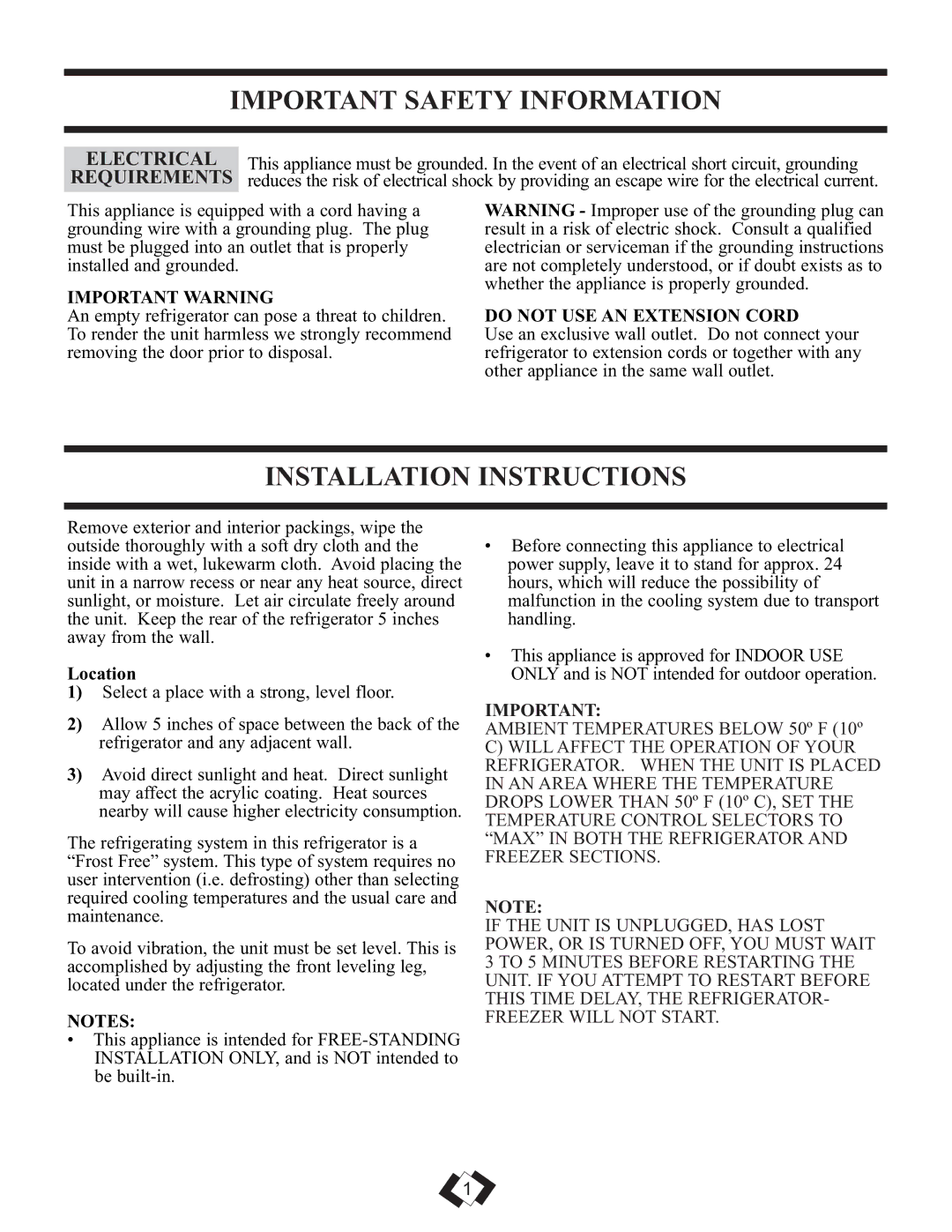 Danby DFF261WDB installation instructions Important Safety Information, Installation Instructions, Electrical, Requirements 